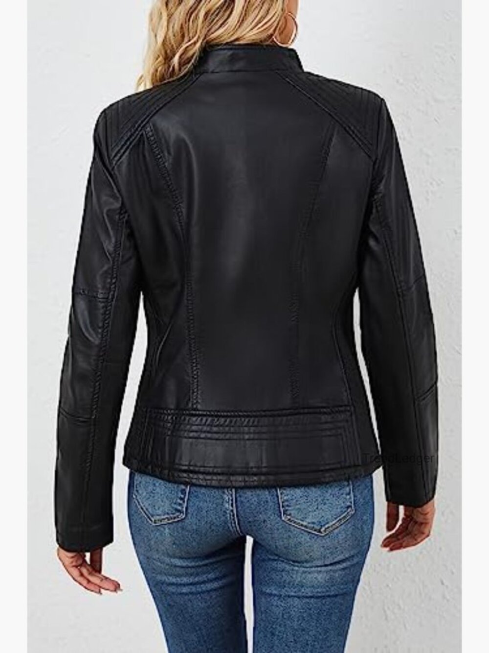 Women's Faux Leather Moto Jacket with Stand Collar & Pockets - Picture 2 of 7